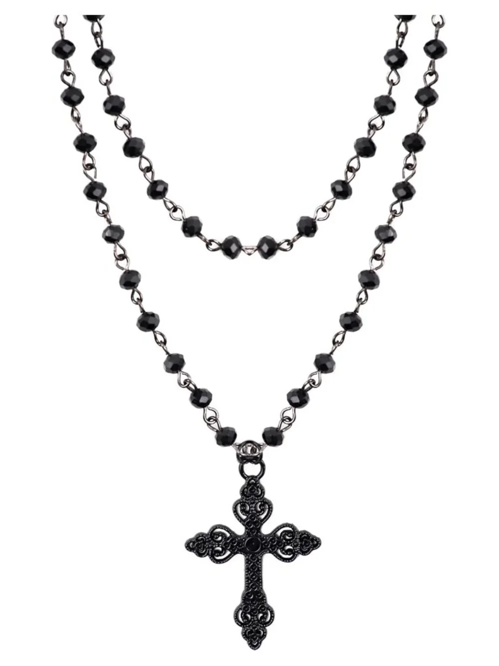 Layered Black Beaded Cross Choker Gothic Punk Grunge Necklace